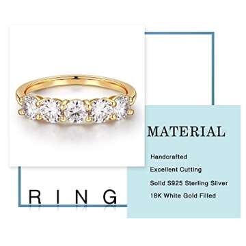 5 Stone Moissanite Rings for Women, Sterling Silver Yellow Gold, Created Moissanite