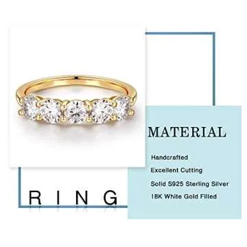 5 Stone Moissanite Rings for Women, Sterling Silver Yellow Gold, Created Moissanite