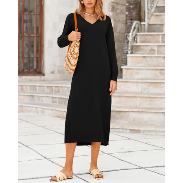 BTFBM Women Fall Sweater Dress V Neck Long Sleeve Slit Maxi Dresses Casual Knit Oversized Sweaters 2024 Winter Clothes(Solid Black, Medium)