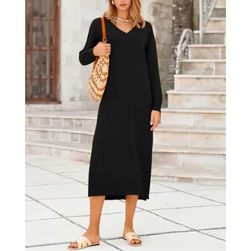 BTFBM Women Fall Sweater Dress V Neck Long Sleeve Slit Maxi Dresses Casual Knit Oversized Sweaters 2024 Winter Clothes(Solid Black, Medium)