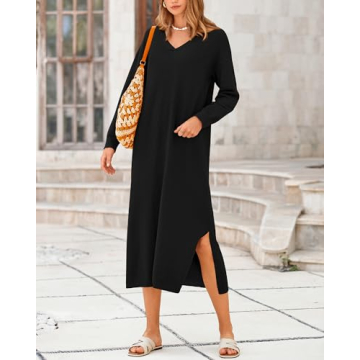 BTFBM Women Fall Sweater Dress V Neck Long Sleeve Slit Maxi Dresses Casual Knit Oversized Sweaters 2024 Winter Clothes(Solid Black, Medium)