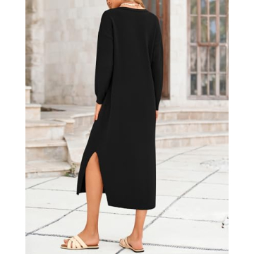 BTFBM Women Fall Sweater Dress V Neck Long Sleeve Slit Maxi Dresses Casual Knit Oversized Sweaters 2024 Winter Clothes(Solid Black, Medium)