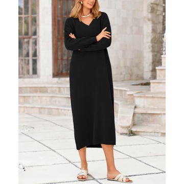 BTFBM Women Fall Sweater Dress V Neck Long Sleeve Slit Maxi Dresses Casual Knit Oversized Sweaters 2024 Winter Clothes(Solid Black, Medium)