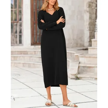 BTFBM Women Fall Sweater Dress V Neck Long Sleeve Slit Maxi Dresses Casual Knit Oversized Sweaters 2024 Winter Clothes(Solid Black, Medium)