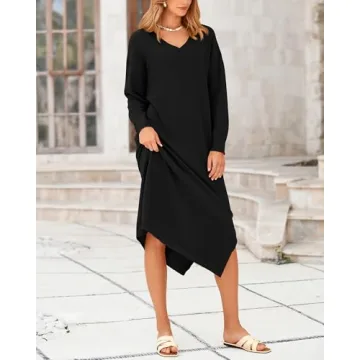 BTFBM Women Fall Sweater Dress V Neck Long Sleeve Slit Maxi Dresses Casual Knit Oversized Sweaters 2024 Winter Clothes(Solid Black, Medium)
