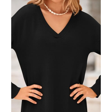 BTFBM Women Fall Sweater Dress V Neck Long Sleeve Slit Maxi Dresses Casual Knit Oversized Sweaters 2024 Winter Clothes(Solid Black, Medium)