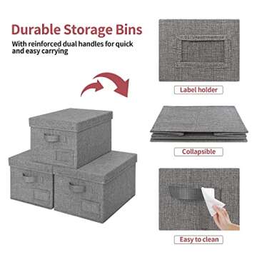 GRANNY SAYS Fabric Bins with Lids, Storage Baskets for Closet Organization, Decorative Storage Containers with Label Holder, Shelf Bins for Organizing Clothes, Dark Gray, 3-Pack