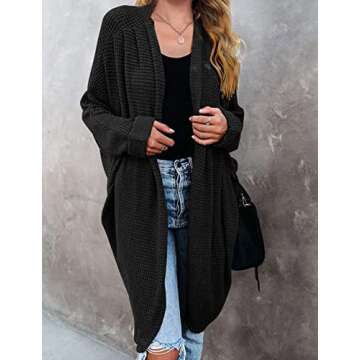 MEROKEETY Women's 2024 Fall Waffle Knit Batwing Long Sleeve Cardigan Loose Open Front Sweater Coat, Black, Medium