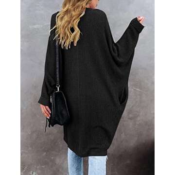 MEROKEETY Women's 2024 Fall Waffle Knit Batwing Long Sleeve Cardigan Loose Open Front Sweater Coat, Black, Medium