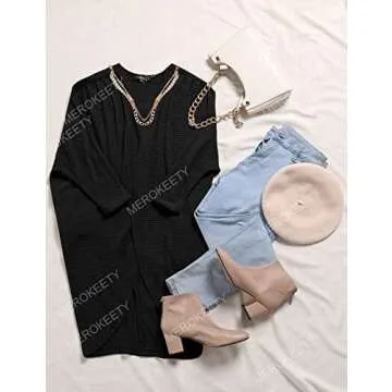 MEROKEETY Women's 2024 Fall Waffle Knit Batwing Long Sleeve Cardigan Loose Open Front Sweater Coat, Black, Medium