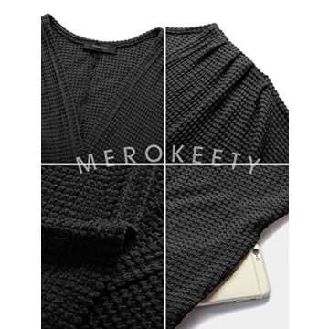 MEROKEETY Women's 2024 Fall Waffle Knit Batwing Long Sleeve Cardigan Loose Open Front Sweater Coat, Black, Medium