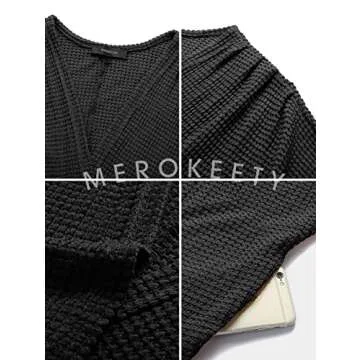 MEROKEETY Women's 2024 Fall Waffle Knit Batwing Long Sleeve Cardigan Loose Open Front Sweater Coat, Black, Medium