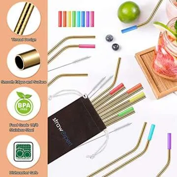 StrawExpert 16 Pack Gold Reusable Metal Straws with Silicone Tip & Travel Case & Cleaning Brush,Long Stainless Steel Straws Drinking Straw for 20 and 30 oz Tumbler