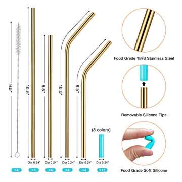 StrawExpert 16 Pack Gold Reusable Metal Straws with Silicone Tip & Travel Case & Cleaning Brush,Long Stainless Steel Straws Drinking Straw for 20 and 30 oz Tumbler