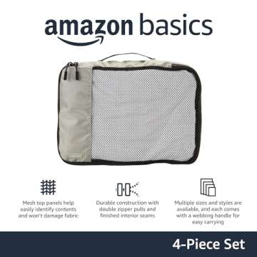 Amazon Basics 4 Piece Packing Cubes for Travel, Travel Organizer Zipper Cubes Set, Medium, Gray