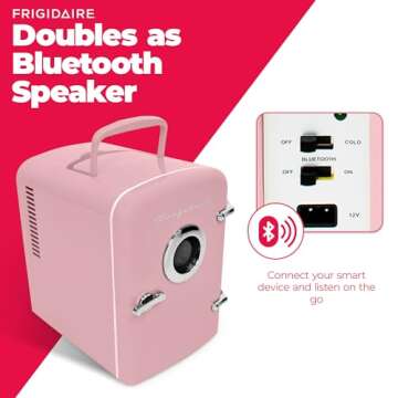 Frigidaire EFMIS151-PINK EFMIS151 Mini Portable Compact Personal Home Office Fridge Cooler Built in Speaker, 4L Capacity, Chills Six 12 oz Cans, 100% Freon-Free & Eco Friendly, standard, Pink