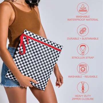 Bodysurf Waterproof Wet Bag for Swimsuit, Travel, Baby Essentials - Reusable Compact Organizer & Lightweight Storage for Dirty Laundry, Cloth Diapers, Gym, Yoga, Beach, Pool - Black, Checkered