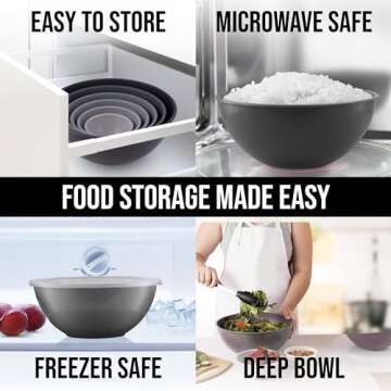 Zulay Kitchen 12 Piece Plastic Mixing Bowls with Lids Set - Colorful Mixing Bowl Set for Kitchen - Nesting Bowls with Lids Set - Microwave and Freezer Safe (Gray Ombre)