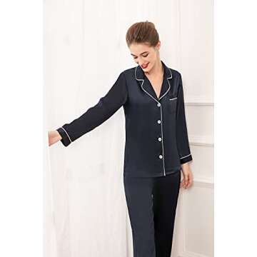 LEPTON 100% Silk Long-Sleeve Pajama Set in Navy Blue