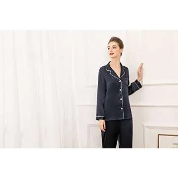 LEPTON 100% Silk Long-Sleeve Pajama Set in Navy Blue