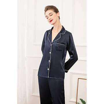 LEPTON 100% Silk Long-Sleeve Pajama Set in Navy Blue