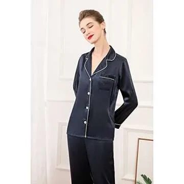 LEPTON 100% Silk Long-Sleeve Pajama Set in Navy Blue