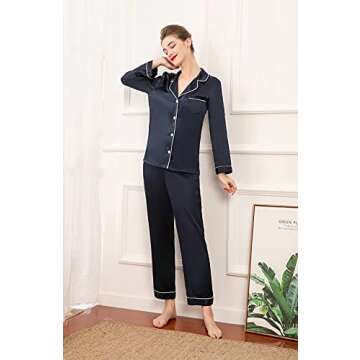 LEPTON 100% Silk Long-Sleeve Pajama Set in Navy Blue