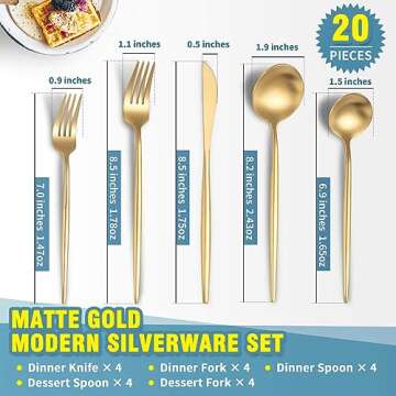 Lemeya Matte Gold Silverware Set for 4,Modern Stainless Steel Brushed Cutlery Set,20-Pieces Rustic F...