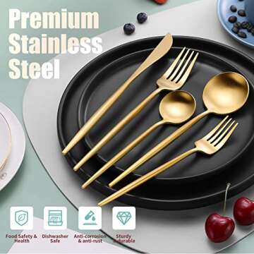 Lemeya Matte Gold Silverware Set for 4,Modern Stainless Steel Brushed Cutlery Set,20-Pieces Rustic Flatware Set,Knives Spoons and Forks Set Utensils Set, Satin Finish, Dishwasher Safe