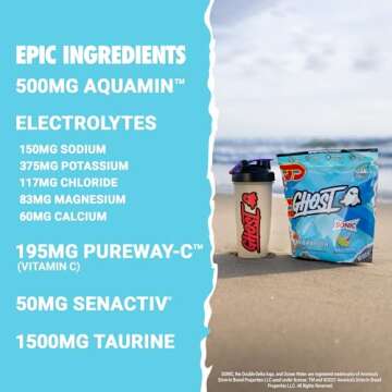 GHOST Hydration Packets, Sonic Ocean Water, 24 Sticks, Electrolyte Powder - Drink Mix Supplement with Magnesium, Potassium, Calcium, Vitamin C - Vegan, Free of Soy, Sugar & Gluten
