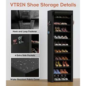 VTRIN Vertical Narrow Shoe Rack Organizer Tall Shoe Rack for Closet Entryway 10 Tier Non-Woven Cover...