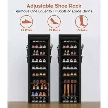 VTRIN Vertical Narrow Shoe Rack Organizer Tall Shoe Rack for Closet Entryway 10 Tier Non-Woven Cover Shoe Shelf Holds 20-22 Pairs Free Standing Shoe Storage Cabinet with Dustproof Cover Black