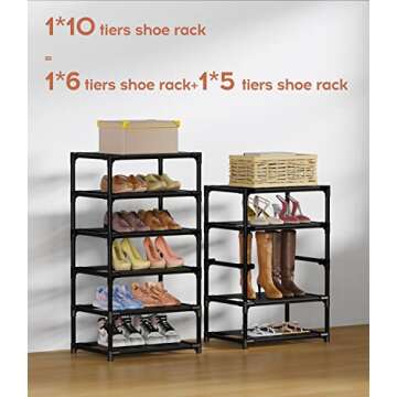VTRIN Vertical Narrow Shoe Rack Organizer Tall Shoe Rack for Closet Entryway 10 Tier Non-Woven Cover Shoe Shelf Holds 20-22 Pairs Free Standing Shoe Storage Cabinet with Dustproof Cover Black