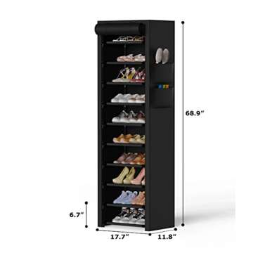 VTRIN Vertical Narrow Shoe Rack Organizer Tall Shoe Rack for Closet Entryway 10 Tier Non-Woven Cover Shoe Shelf Holds 20-22 Pairs Free Standing Shoe Storage Cabinet with Dustproof Cover Black