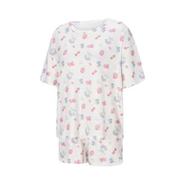 Seyurigaoka Women 2 Piece Floral Pajamas Set Y2k Oversized Short Sleeve Shirt Side Split Shorts Set Sleepwear PJ Sets (strawberry print White, M)