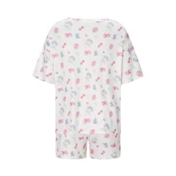 Seyurigaoka Women 2 Piece Floral Pajamas Set Y2k Oversized Short Sleeve Shirt Side Split Shorts Set Sleepwear PJ Sets (strawberry print White, M)