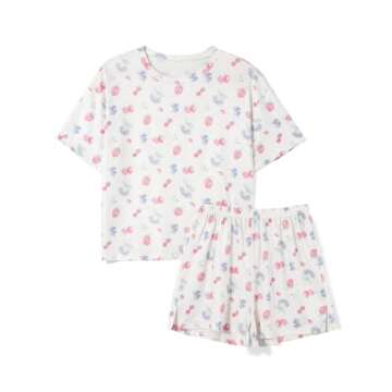 Seyurigaoka Women 2 Piece Floral Pajamas Set Y2k Oversized Short Sleeve Shirt Side Split Shorts Set Sleepwear PJ Sets (strawberry print White, M)