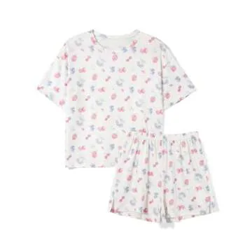 Seyurigaoka Women 2 Piece Floral Pajamas Set Y2k Oversized Short Sleeve Shirt Side Split Shorts Set Sleepwear PJ Sets (strawberry print White, M)
