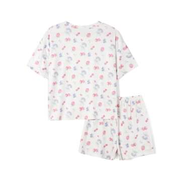 Seyurigaoka Women 2 Piece Floral Pajamas Set Y2k Oversized Short Sleeve Shirt Side Split Shorts Set Sleepwear PJ Sets (strawberry print White, M)