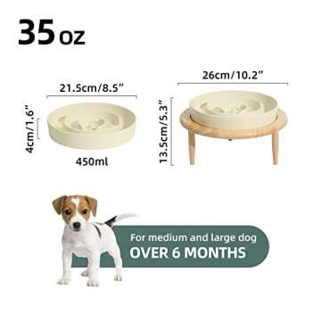 Havniva Ceramic Slow Feeder Dog Bowl, 1.5 Cups Dog Slow Feeder for Medium Breed, Anti-Gulping, Pet Slower for Fun, Stop Bloat, Preventing Choking (Cream White, 8in Bowl + Stand)