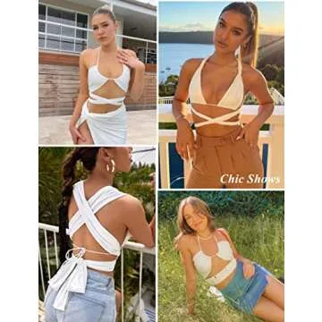 Avidlove Sexy Sleeveless Plunging Neckline Cropped Tank Top Halter Crop Tops for Women White