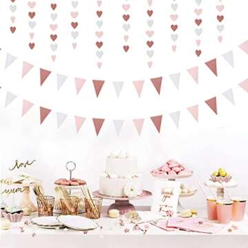 Rose-Gold Pink Party-Decorations Heart Garland Streamers - 52Ft Bachelorette Engagement Hanging Paper Banner, Bridal Shower Wedding Birthday Party Bunting Lasting Surprise