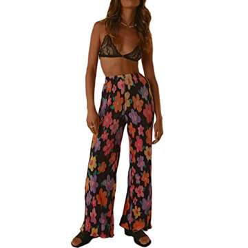 Women 2 Piece Pleated Pants Set Floral Print Button Down Long Sleeve Shirt Blouses Tops+Wide Leg Pants Streetwear (Black, M)