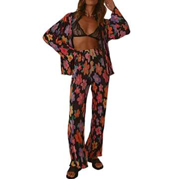 Women 2 Piece Pleated Pants Set Floral Print Button Down Long Sleeve Shirt Blouses Tops+Wide Leg Pants Streetwear (Black, M)