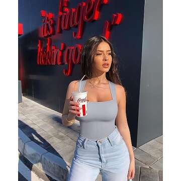 OQQ Women's 3 Piece Bodysuits Sexy Ribbed Strappy Square Neck Sleeveless Tummy Control Tank Tops Bodysuits Black Grey Beige