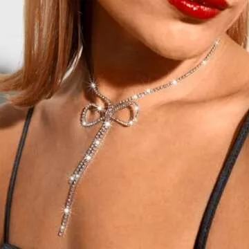 ACEDRE Rhinestone Bow Pendant Necklace Jewelry Silver Crystal Bowknot Choker Necklaces Dainty Tennis Chain for Women (1-Silver)