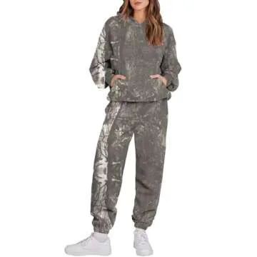 Camo Sweatsuits for Women Set 2 Piece Long Sleeve Pine Print Camo Hoodie & Wide Leg Camo Sweatpant P...