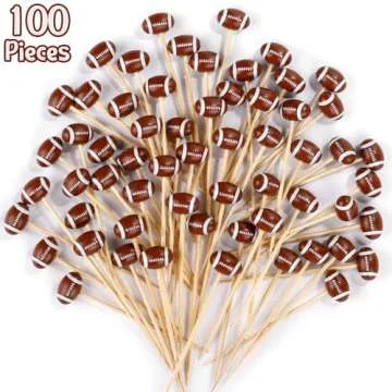 Aodaer 100 Pieces Football Bamboo Cocktail Picks 4.7 Inch Decorative Sports Ball End Cocktail Skewers Wooden Decorative Fruit Toothpicks Fruits Sandwich Buffets Party Supplies