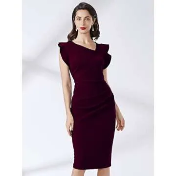 Miusol Women's Retro Ruffle Style Slim Work Pencil Dress(Medium, Burgundy)