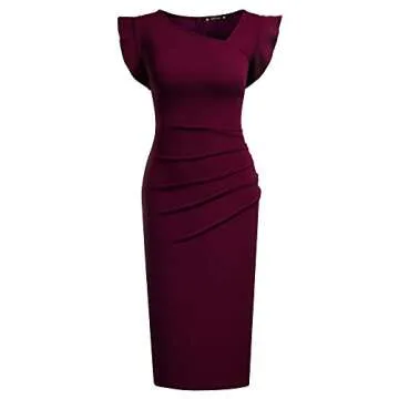 Miusol Women's Retro Ruffle Style Slim Work Pencil Dress(Medium, Burgundy)